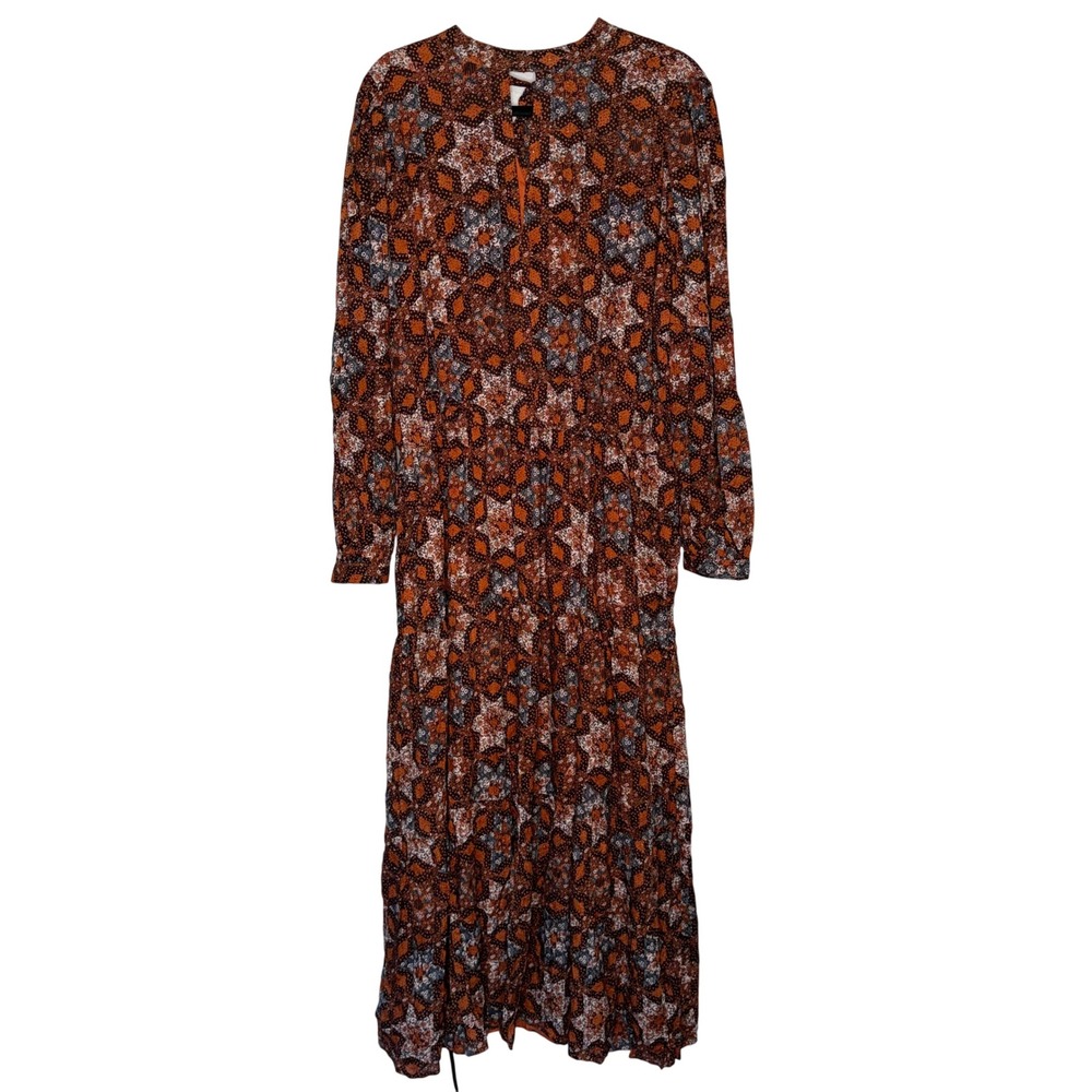 Garnet Hill Maxi Dress Women Lrg Orange New Boho Floral Tencel Modal Long Sleeve